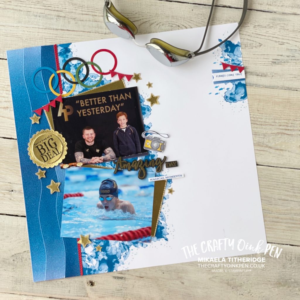 Scrapbook Page showing Adam Peaty and our son at a Swim Race Camp