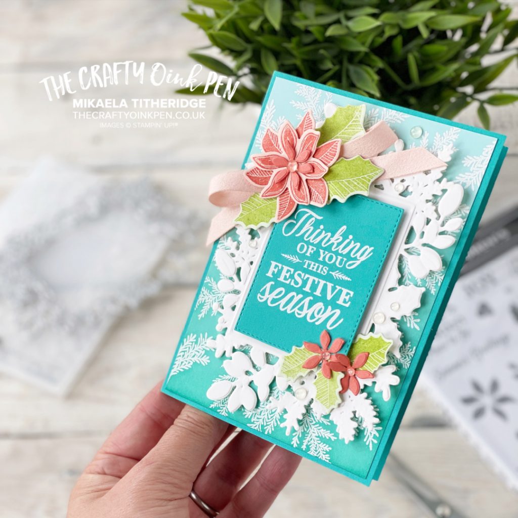Embossing shown several ways on a Christmas card by The Crafty oINK Pen