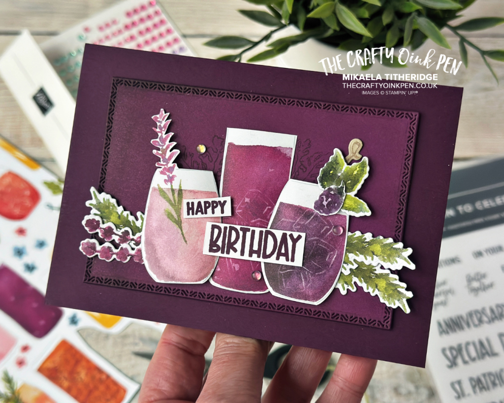 Handmade Celebratory Sips card by The Crafty oINK Pen for Fancy Friday Purple Challenge. 