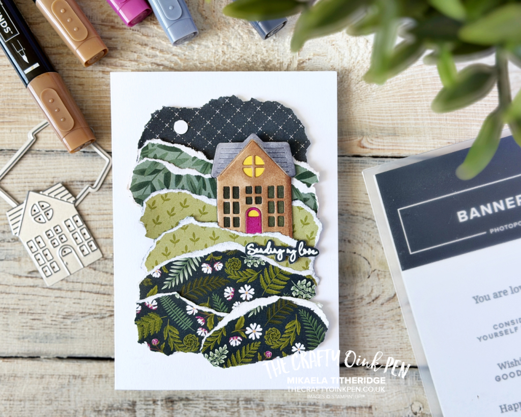 Handmade card with Welcome Noel House on torn paper hillside scene by The Crafty oINK Pen. For GDP562